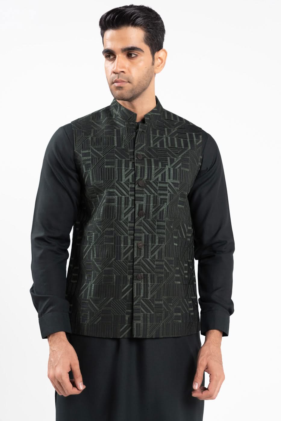 Deep Green Woven Mushroom Waistcoat Kurta (3-Piece) - Image 2