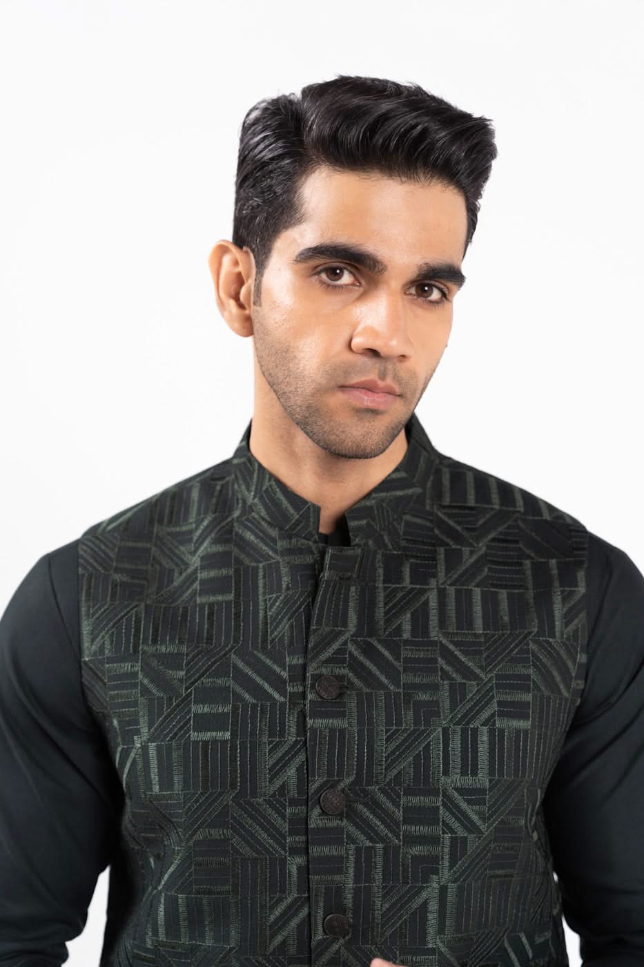 Deep Green Woven Mushroom Waistcoat Kurta (3-Piece) - Image 3