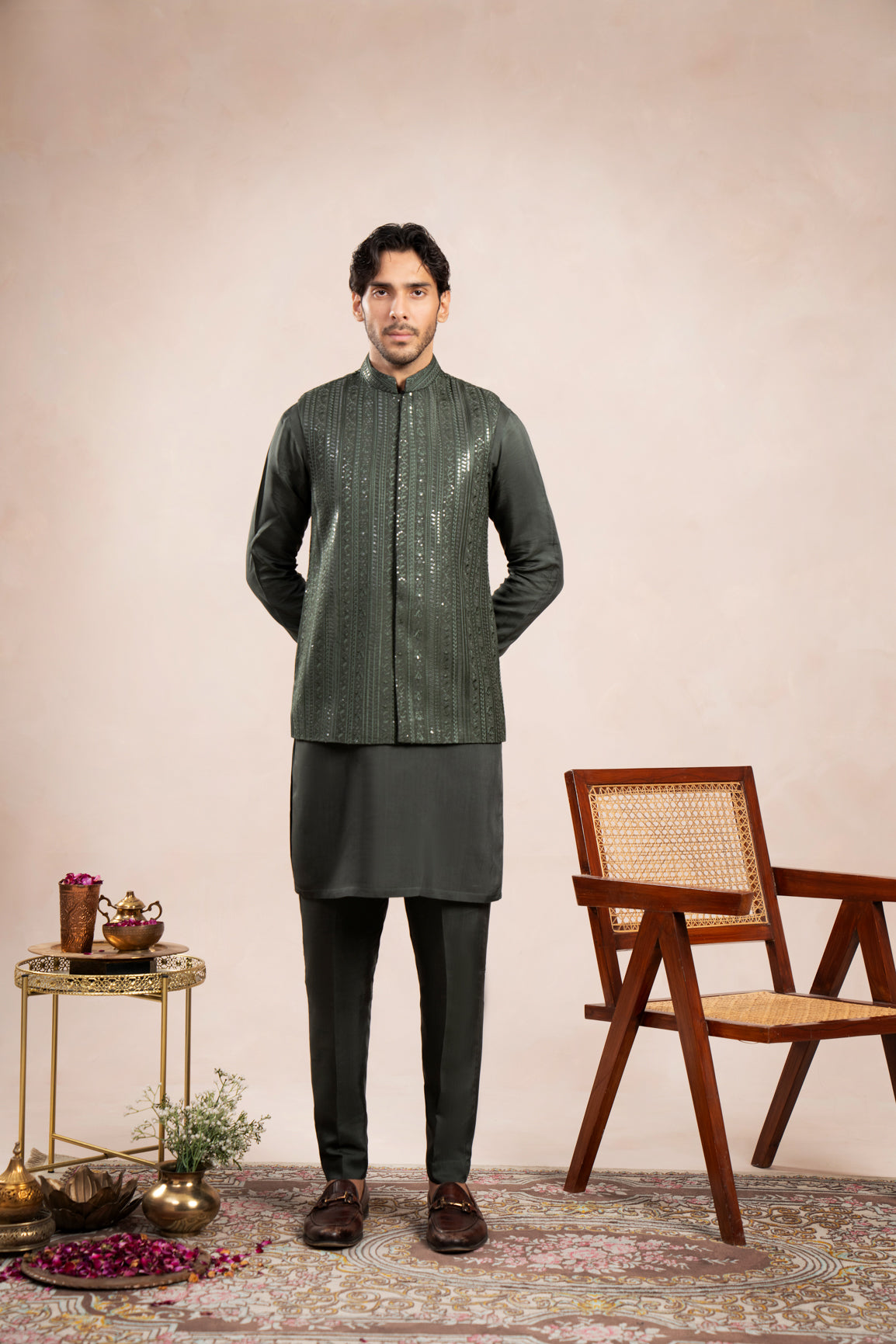 Olive Green Embroidered Raw Silk Waistcoat (3-Piece) - Image 1