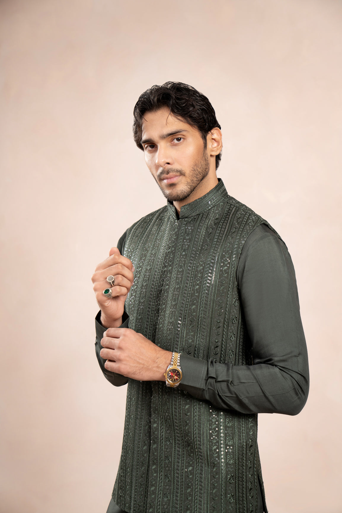 Olive Green Embroidered Raw Silk Waistcoat (3-Piece) - Image 16