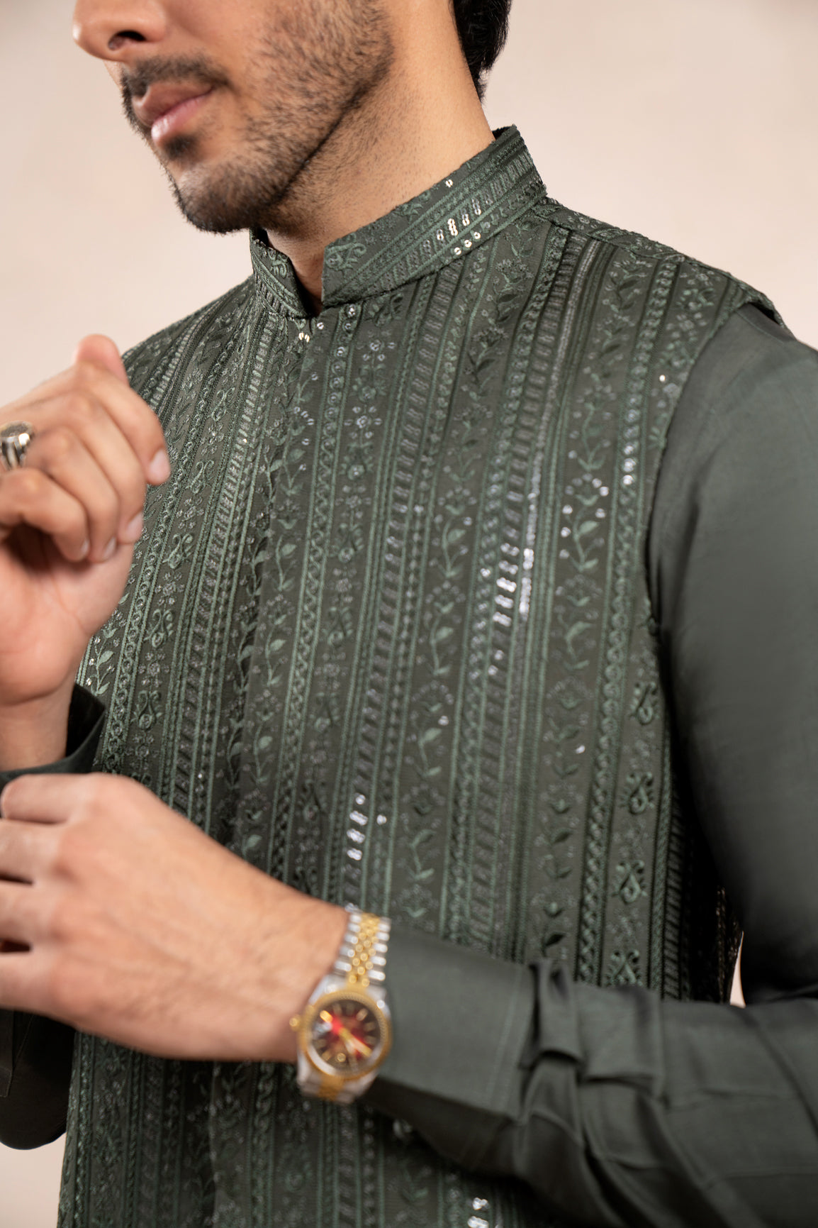 Olive Green Embroidered Raw Silk Waistcoat (3-Piece) - Image 17