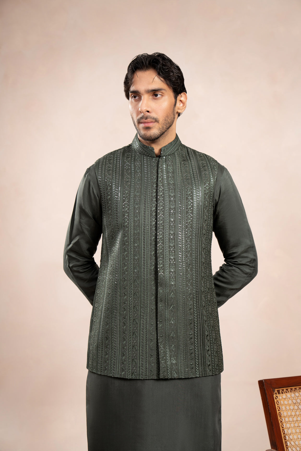 Olive Green Embroidered Raw Silk Waistcoat (3-Piece) - Image 18
