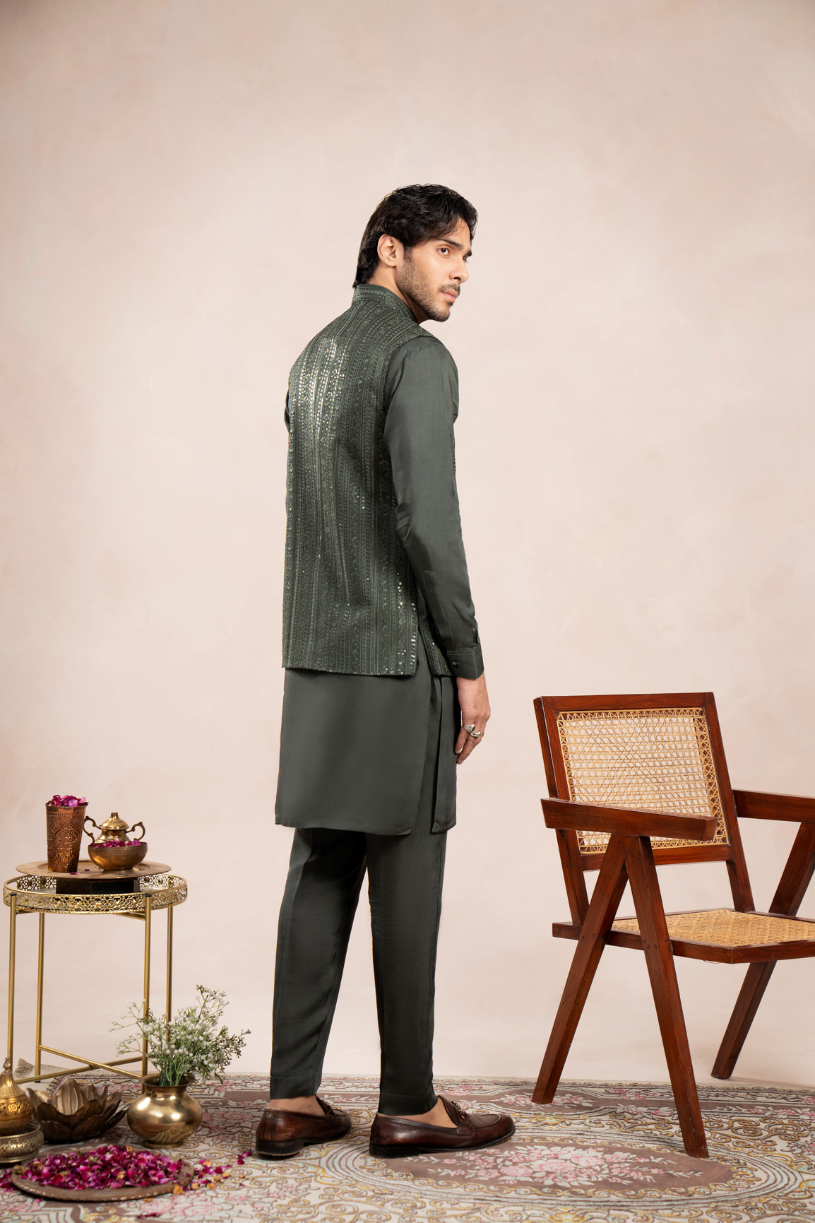 Olive Green Embroidered Raw Silk Waistcoat (3-Piece) - Image 3