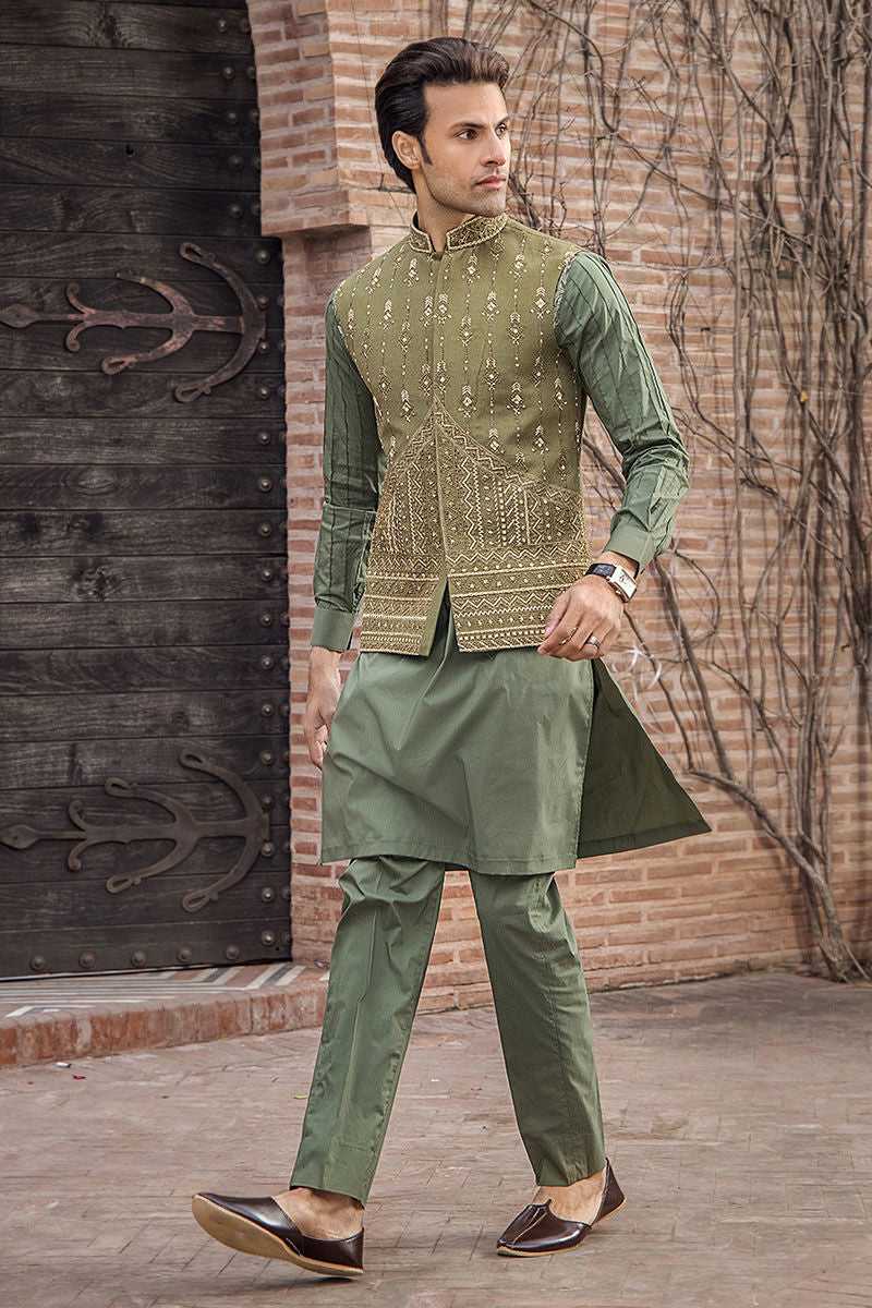 Olive Green Hand-Embellished Raw Silk Waistcoat (3-Piece) - Image 1