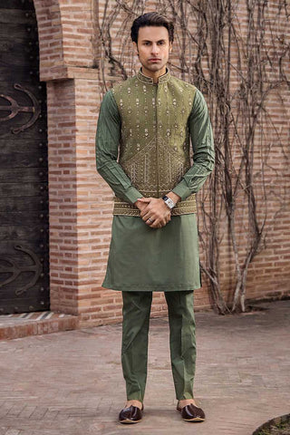 Olive Green Hand-Embellished Raw Silk Waistcoat (3-Piece) - Image 3