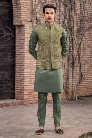 Olive Green Hand-Embellished Raw Silk Waistcoat (3-Piece) - Image 4
