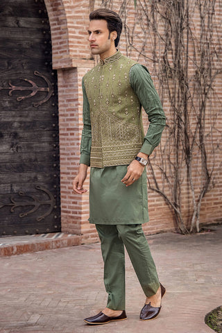 Olive Green Hand-Embellished Raw Silk Waistcoat (3-Piece) - Image 5