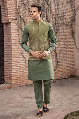 Olive Green Hand-Embellished Raw Silk Waistcoat (3-Piece) - Image 6