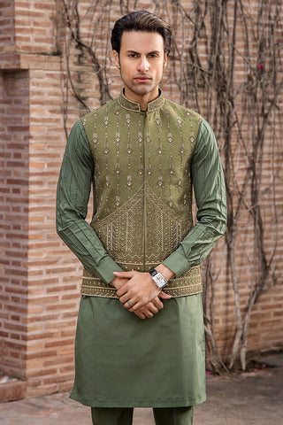 Olive Green Hand-Embellished Raw Silk Waistcoat (3-Piece) - Image 7