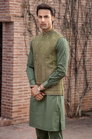 Olive Green Hand-Embellished Raw Silk Waistcoat (3-Piece) - Image 8