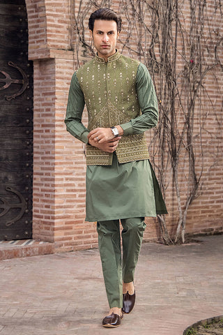 Olive Green Hand-Embellished Raw Silk Waistcoat (3-Piece) - Image 9