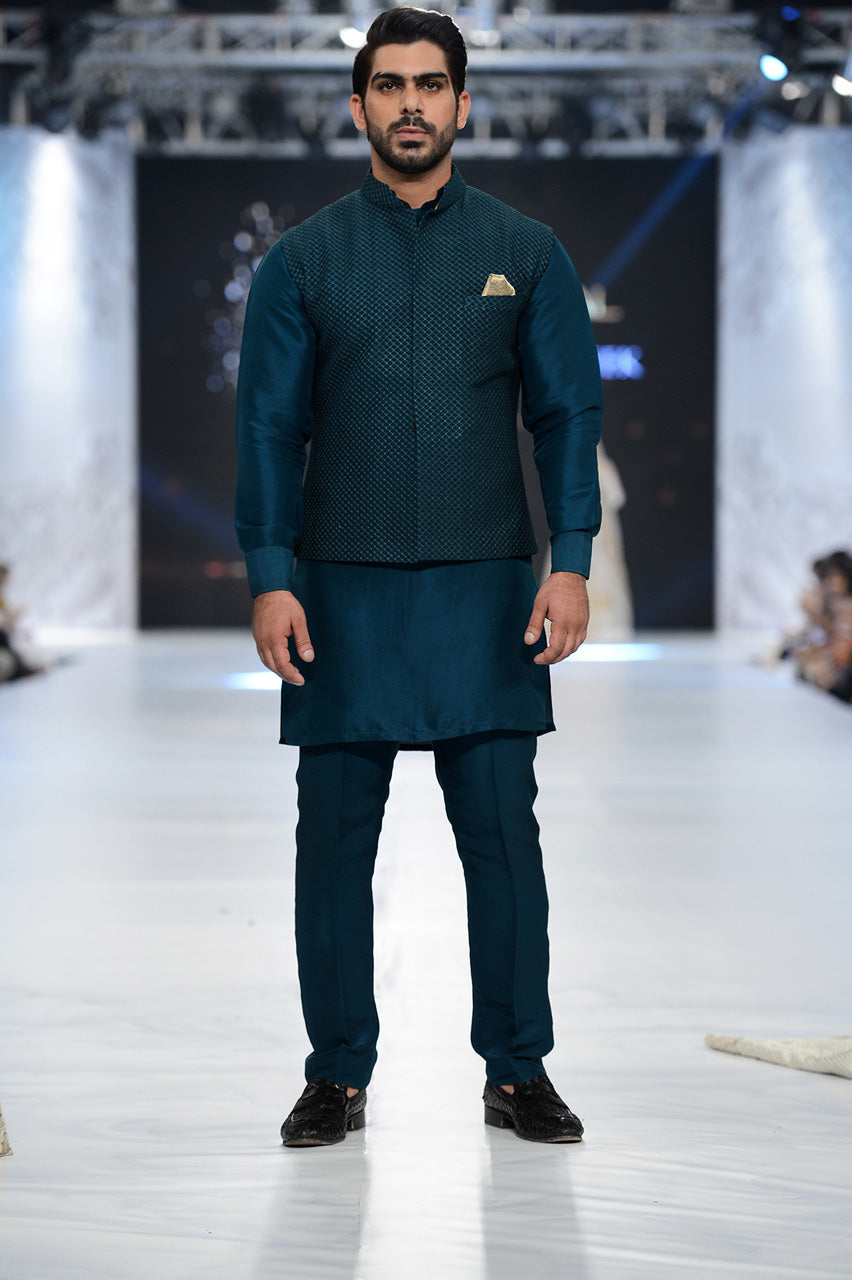 Teal Textured Raw Silk Waistcoat Kurta Set (3-Piece) - Image 1