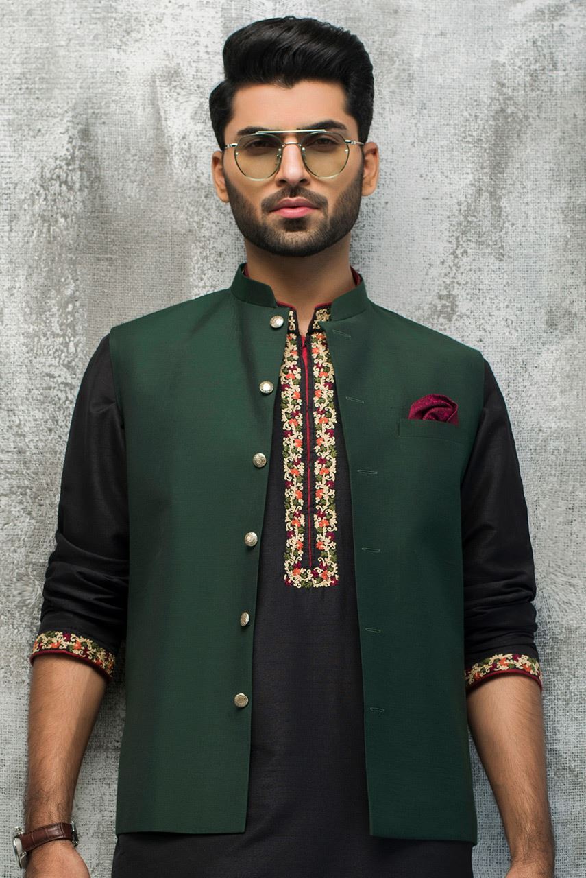 Deep Green Raw Silk Waistcoat Kurta Set (2-Piece) - Image 1