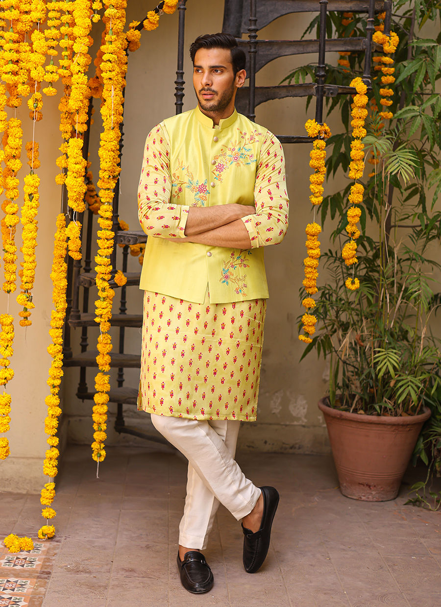 Lime Green Embroidered Raw Silk Waistcoat Kurta (3-Piece) - Image 1