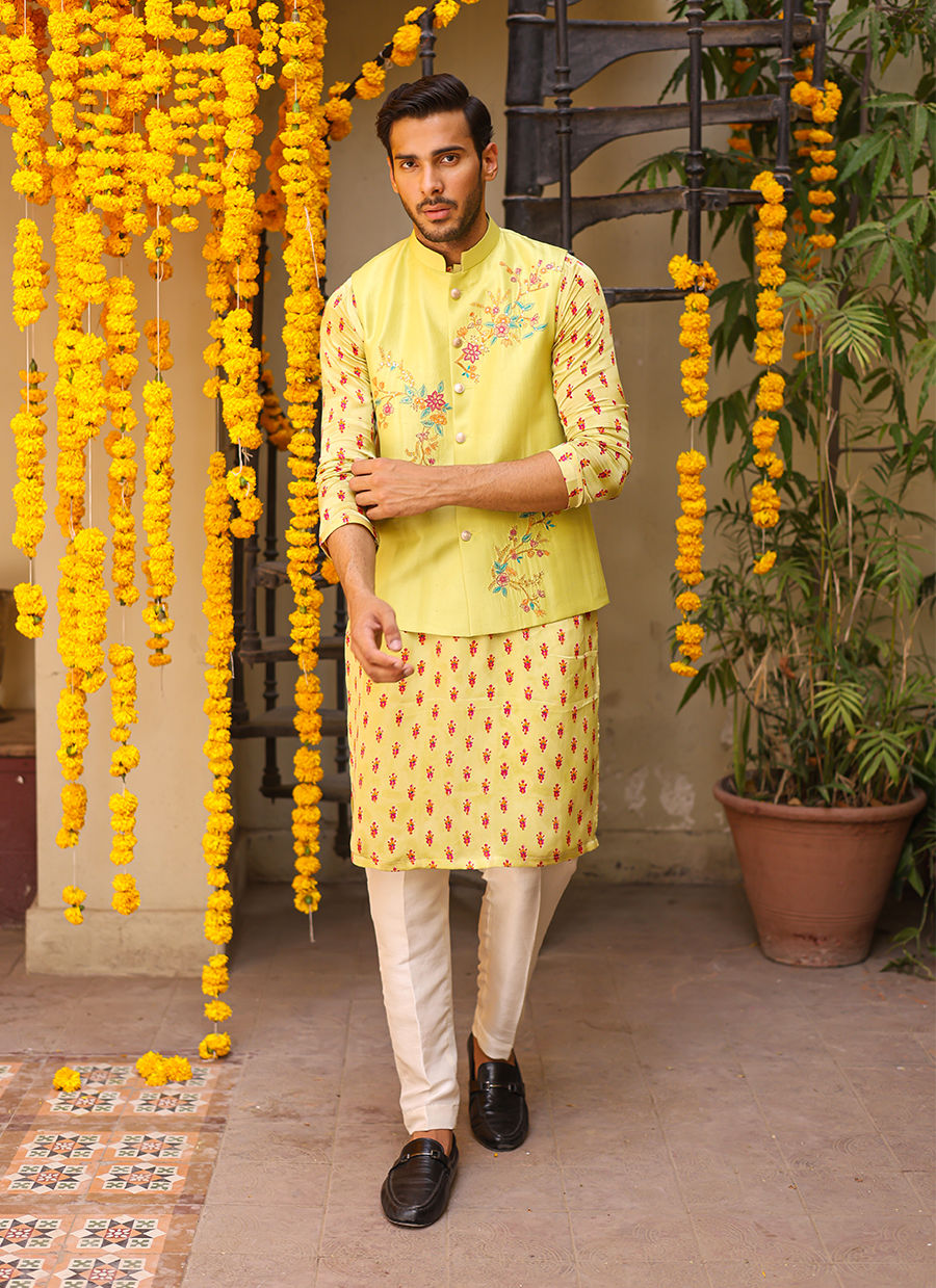 Lime Green Embroidered Raw Silk Waistcoat Kurta (3-Piece) - Image 2