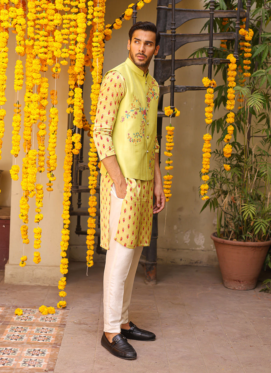 Lime Green Embroidered Raw Silk Waistcoat Kurta (3-Piece) - Image 3