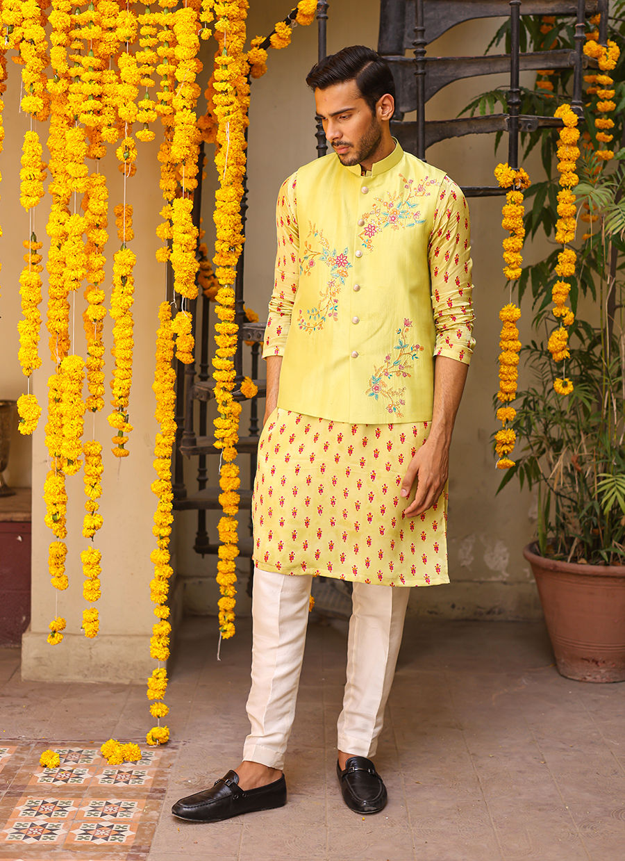 Lime Green Embroidered Raw Silk Waistcoat Kurta (3-Piece) - Image 4