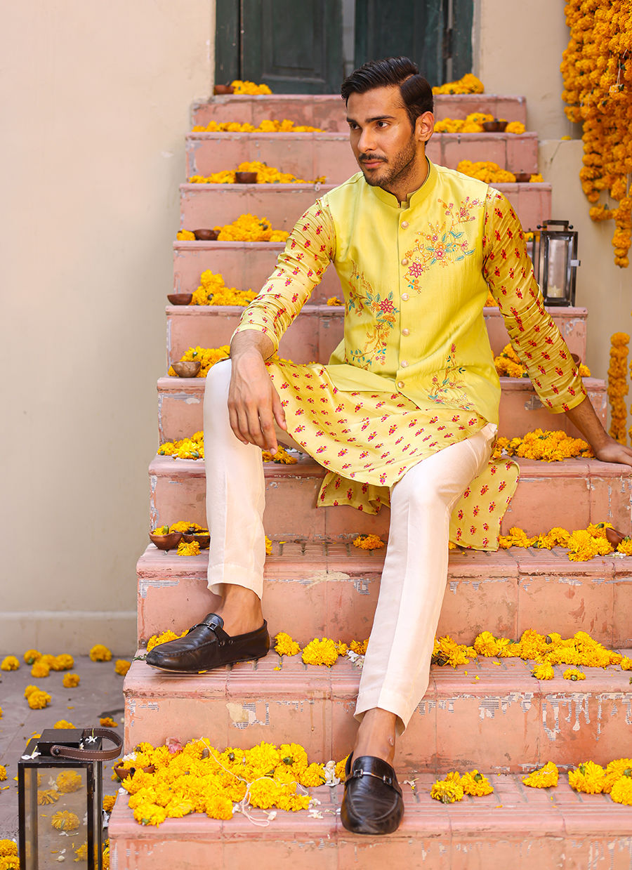 Lime Green Embroidered Raw Silk Waistcoat Kurta (3-Piece) - Image 5