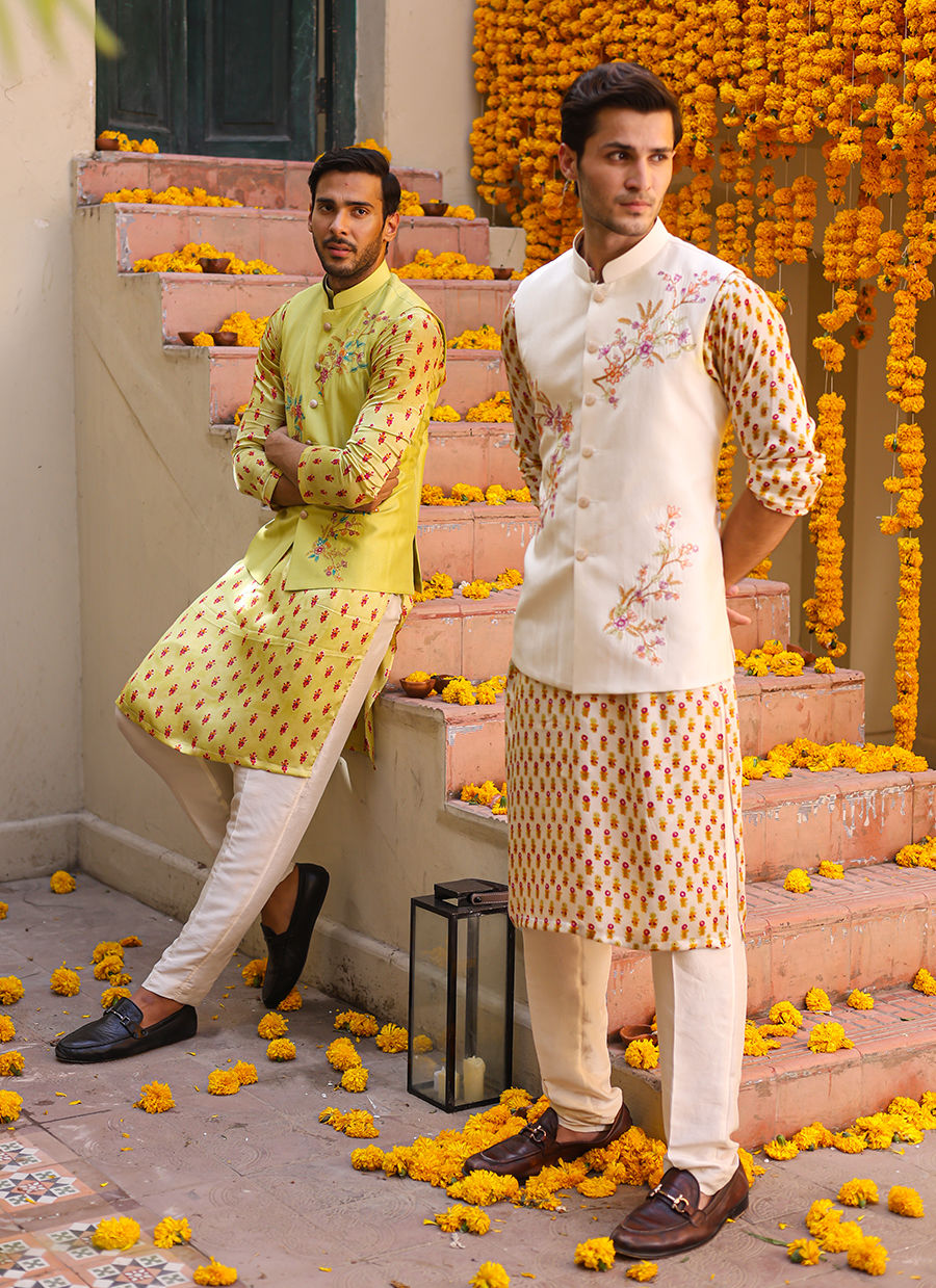 Lime Green Embroidered Raw Silk Waistcoat Kurta (3-Piece) - Image 6