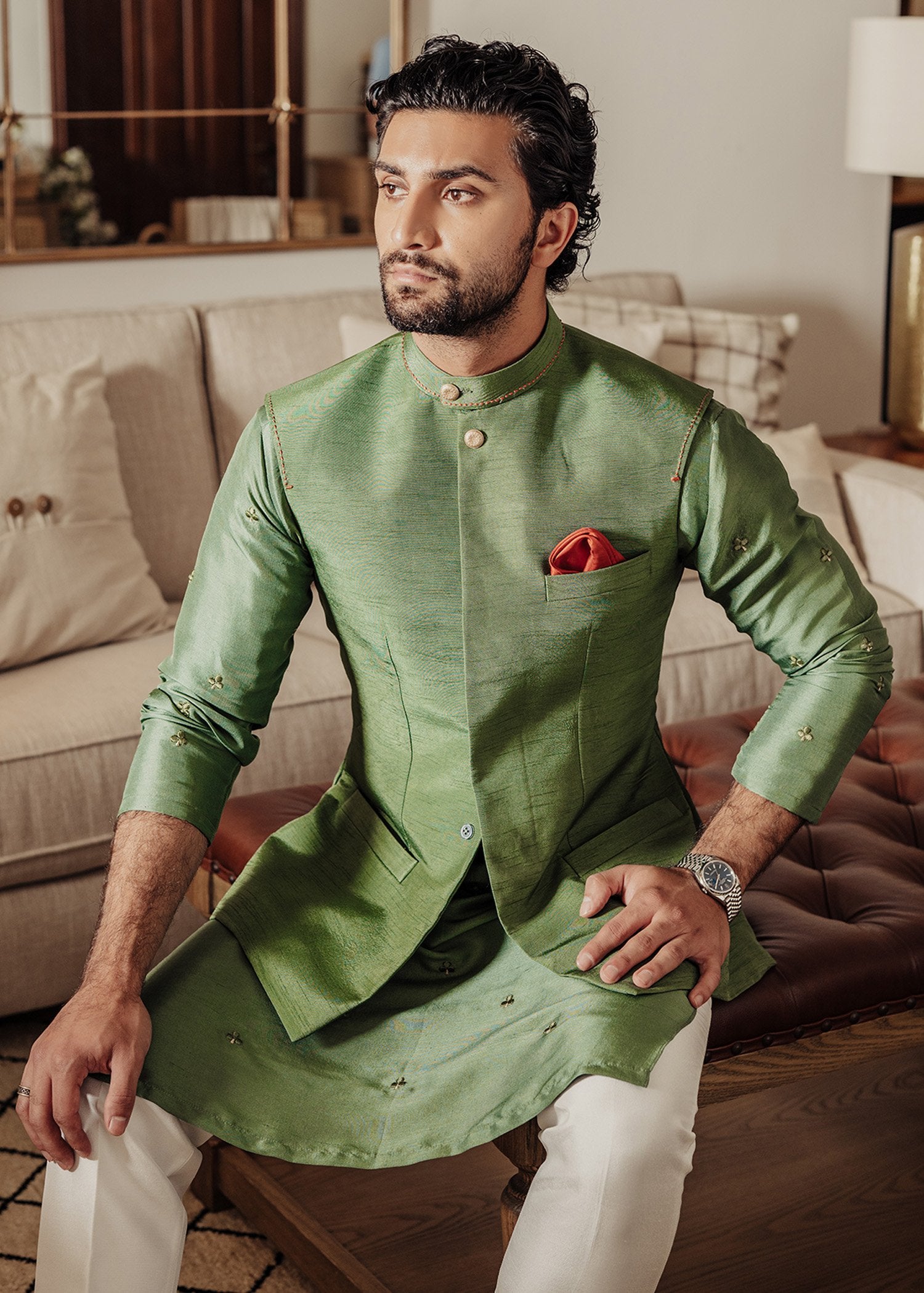 Green Embroidered Korean Raw Silk Waistcoat Kurta (3-Piece) - Image 1