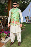 Mint Green Digital Printed Raw Silk Waistcoat (3-Piece) - Image 2