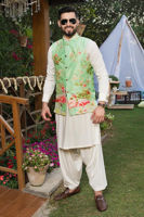 Mint Green Digital Printed Raw Silk Waistcoat (3-Piece) - Image 3