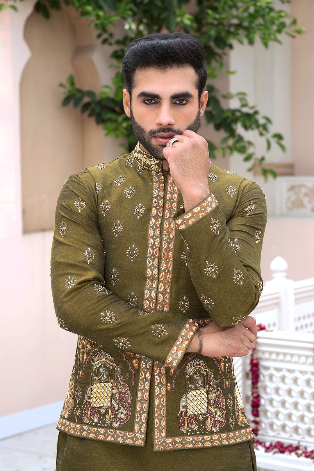 Mehndi Green Ada Embroidered Silk Waistcoat Kurta (3-Piece) - Image 2