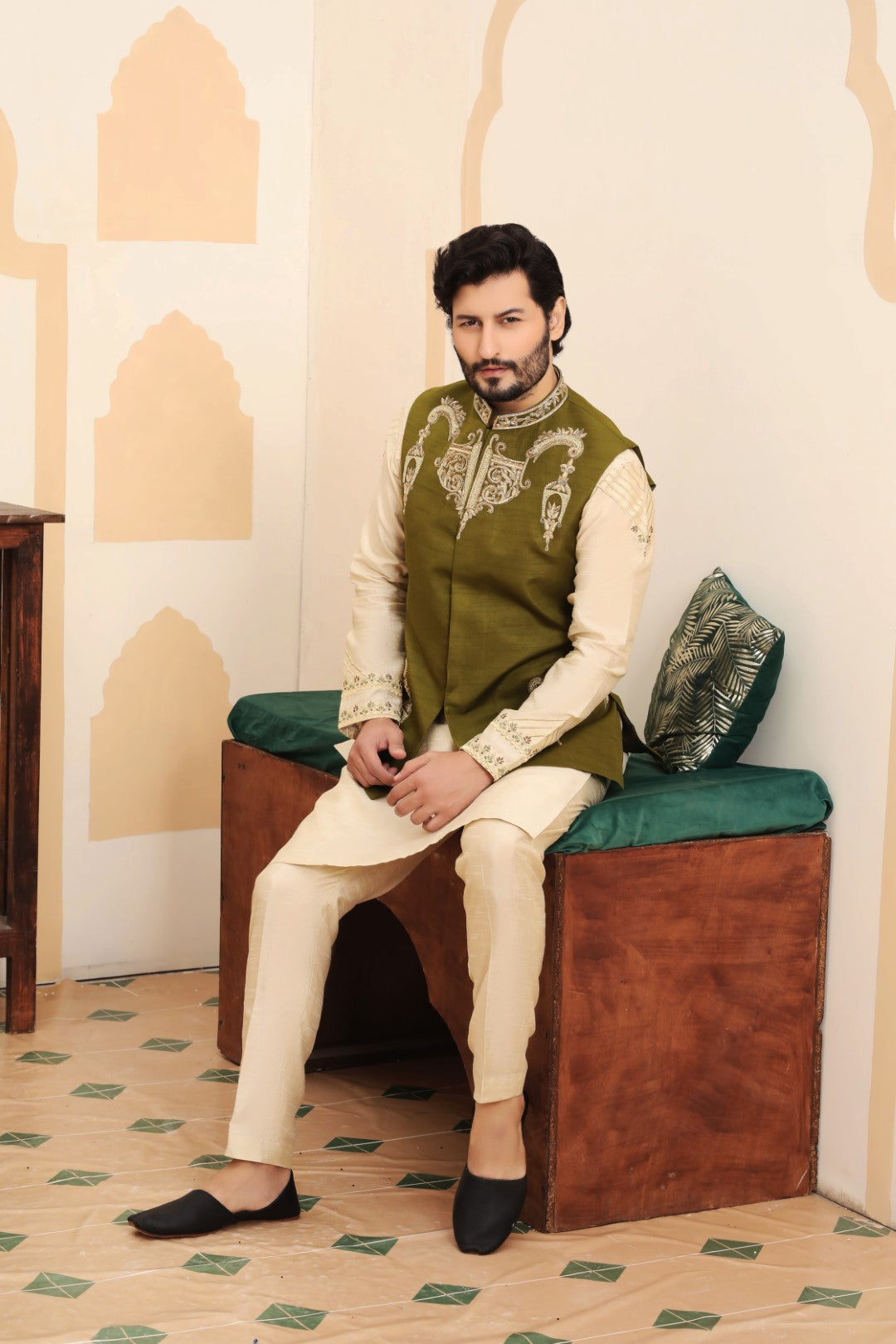 Mehndi Green Ada Work Silk Waistcoat Kurta (3-Piece) - Image 3