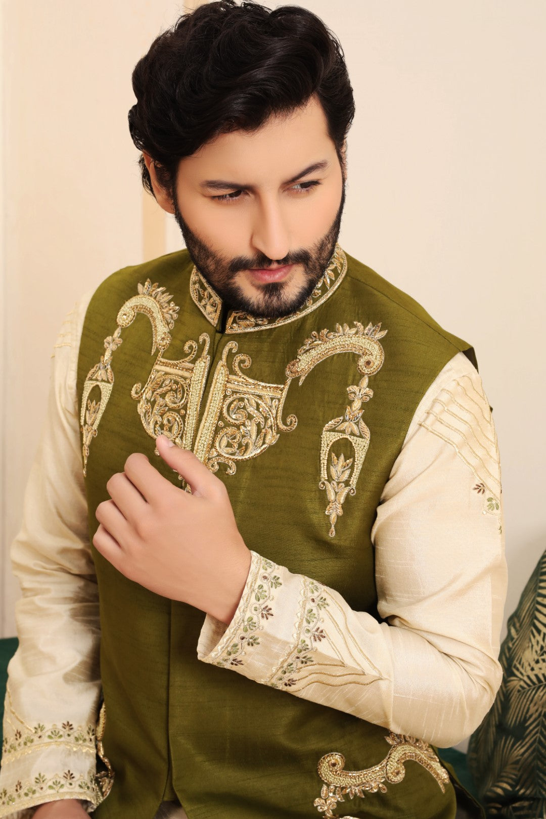 Mehndi Green Ada Work Silk Waistcoat Kurta (3-Piece) - Image 4