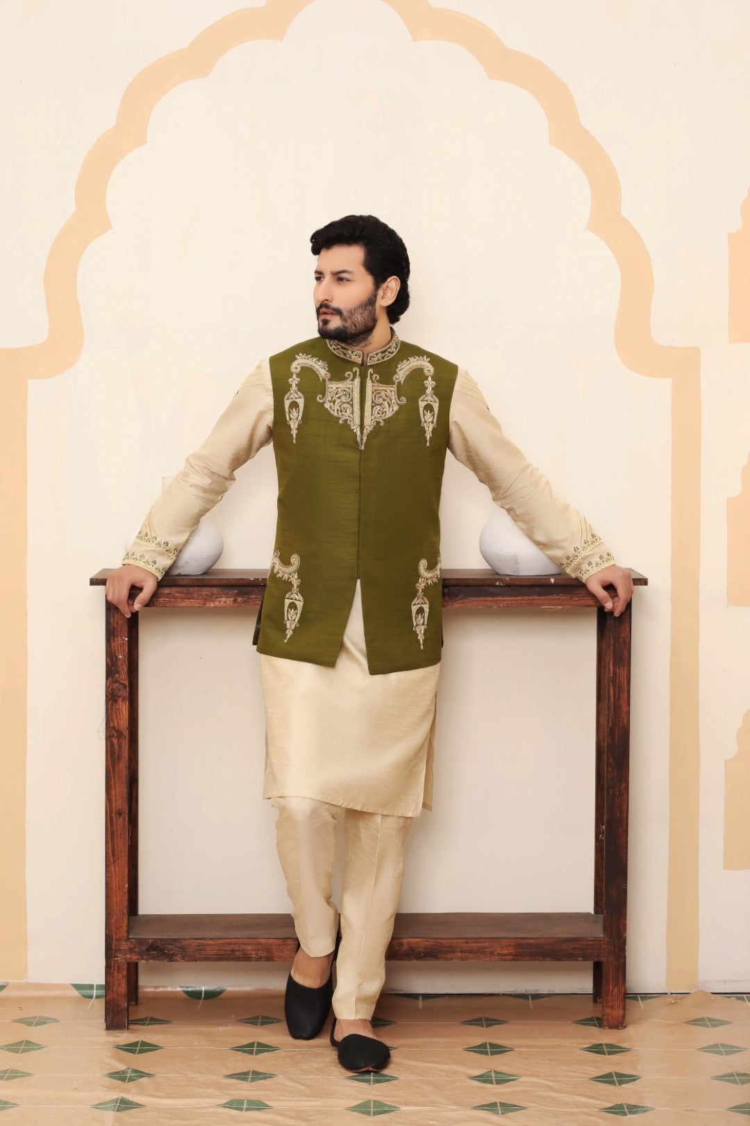 Mehndi Green Ada Work Silk Waistcoat Kurta (3-Piece) - Image 2