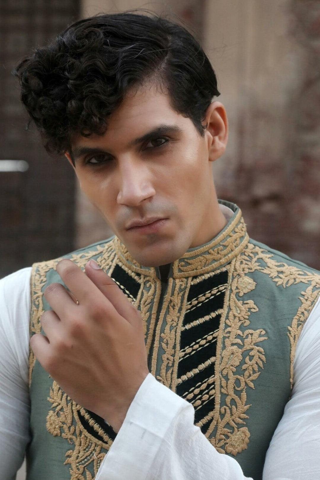 Green Adda Work Silk Waistcoat Kurta (3-Piece) - Image 3