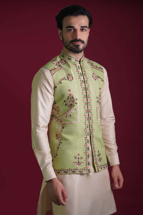 Mint Embroidered Silk-Blend Waistcoat Kurta (3-Piece) - Image 1