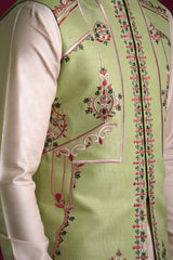 Mint Embroidered Silk-Blend Waistcoat Kurta (3-Piece) - Image 3