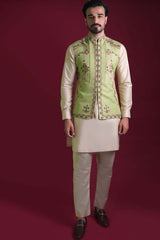 Mint Embroidered Silk-Blend Waistcoat Kurta (3-Piece) - Image 4