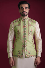 Mint Embroidered Silk-Blend Waistcoat Kurta (3-Piece) - Image 5
