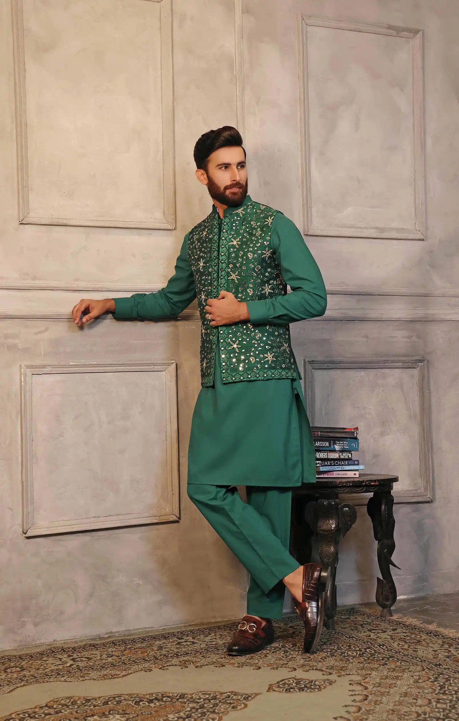 Hunter Green Embroidered Mirror Work Waistcoat Kurta (3-Piece) - Image 1