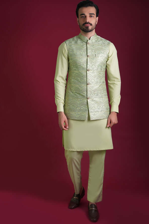 Pistachio Gold Resham Embroidered Silk-Blend Waistcoat Kurta (3-Piece) - Image 1