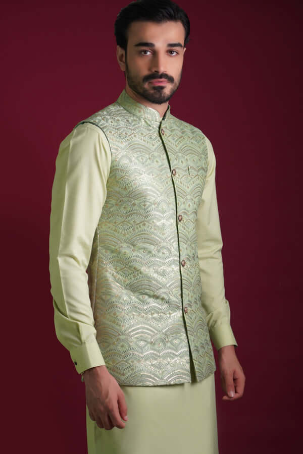 Pistachio Gold Resham Embroidered Silk-Blend Waistcoat Kurta (3-Piece) - Image 2