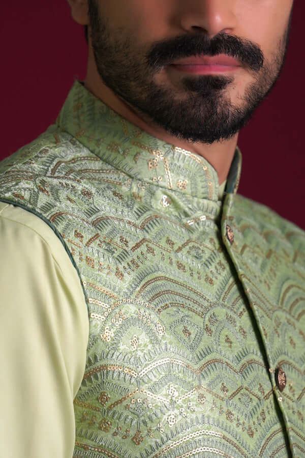 Pistachio Gold Resham Embroidered Silk-Blend Waistcoat Kurta (3-Piece) - Image 3