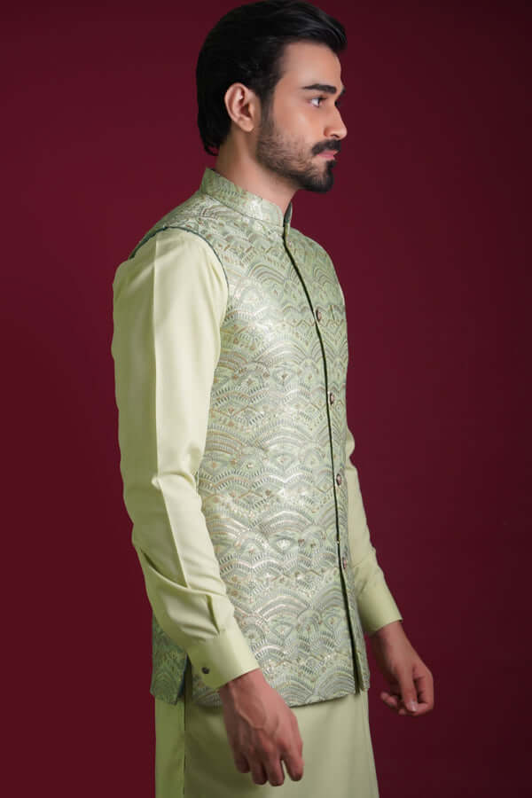 Pistachio Gold Resham Embroidered Silk-Blend Waistcoat Kurta (3-Piece) - Image 4