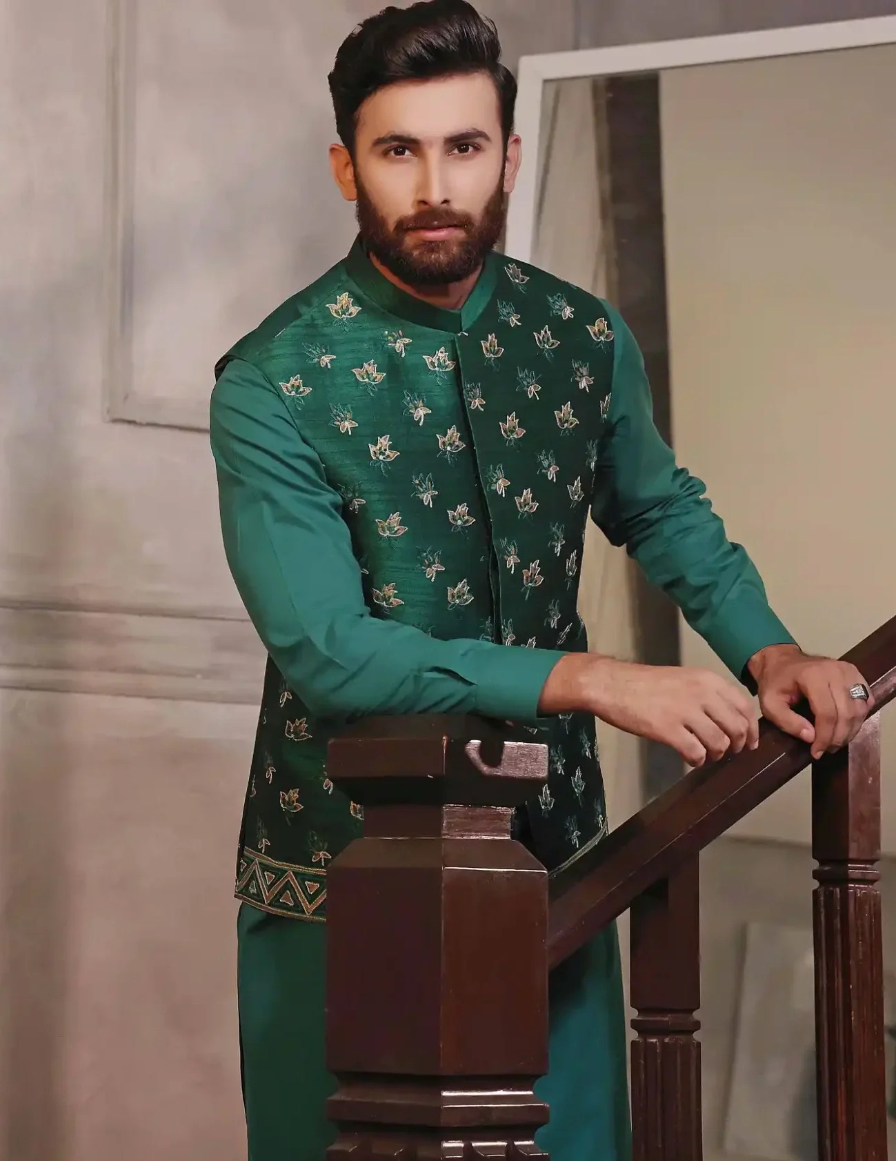 Pine Green Embroidered Silk-Blend Waistcoat Kurta (3-Piece) - Image 1