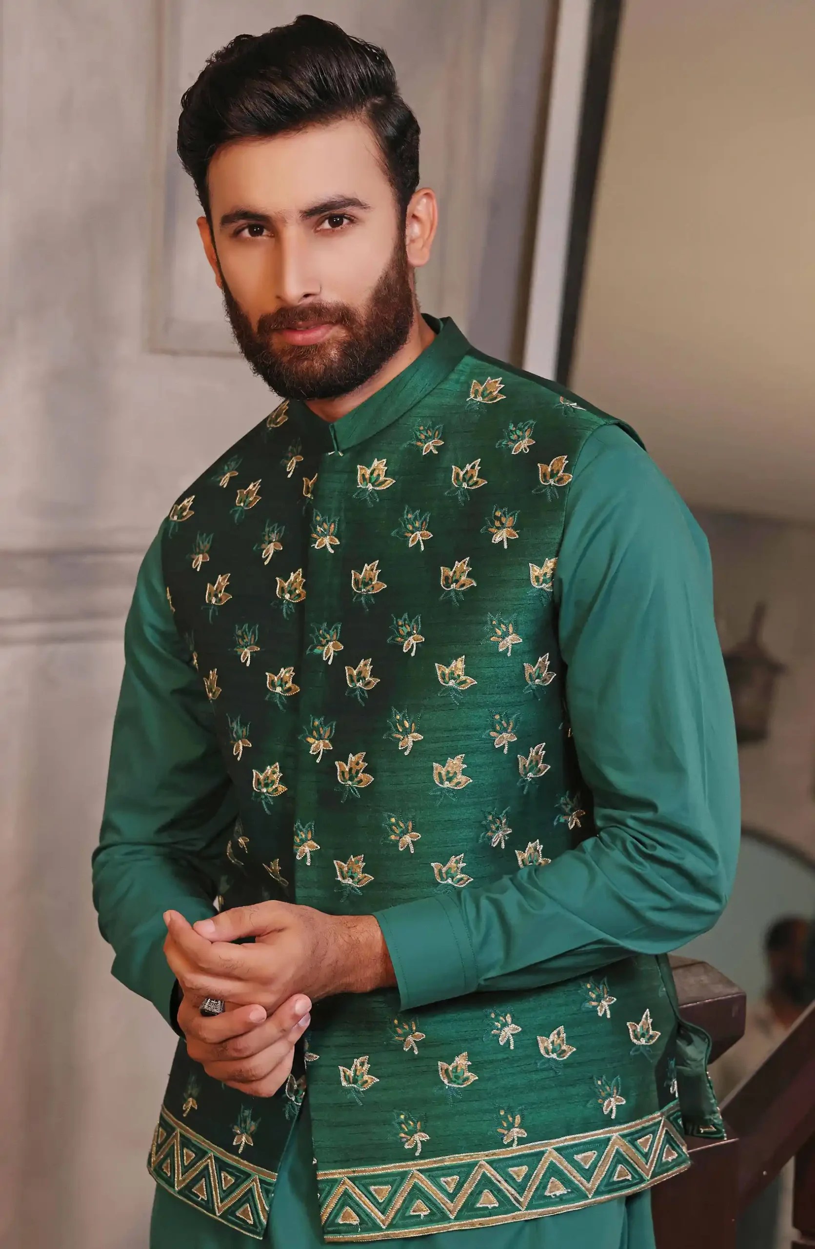 Pine Green Embroidered Silk-Blend Waistcoat Kurta (3-Piece) - Image 2