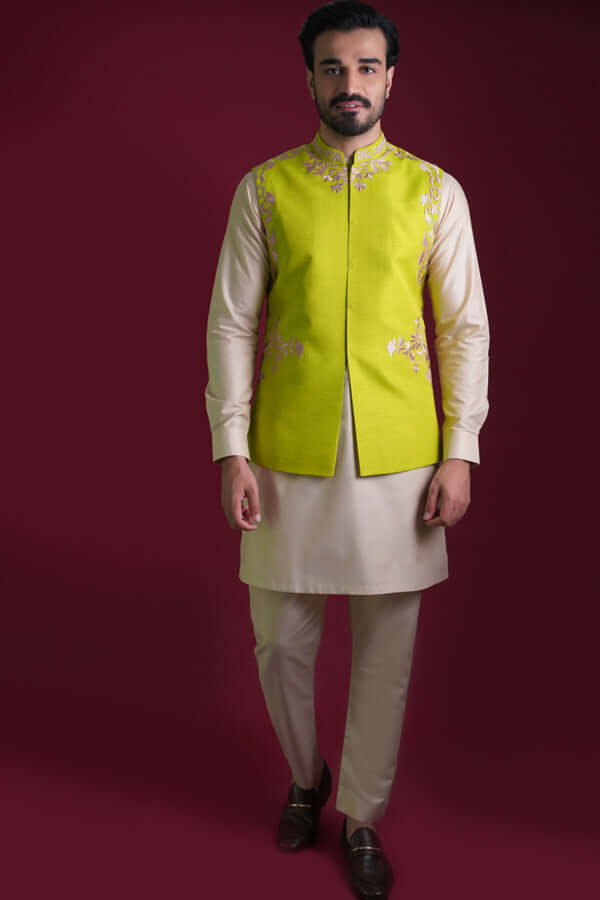 Acid Green Resham Embroidered Waistcoat Kurta (3-Piece) - Image 1