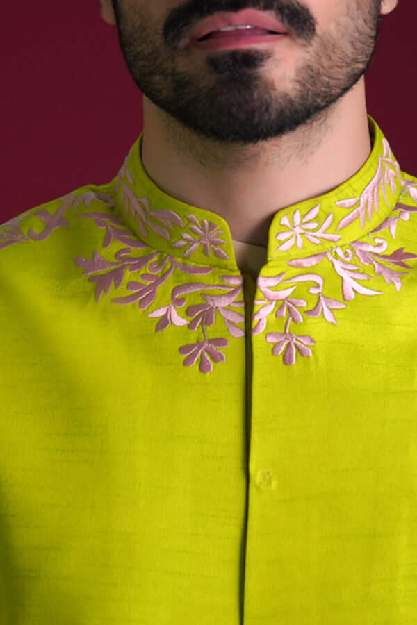 Acid Green Resham Embroidered Waistcoat Kurta (3-Piece) - Image 2