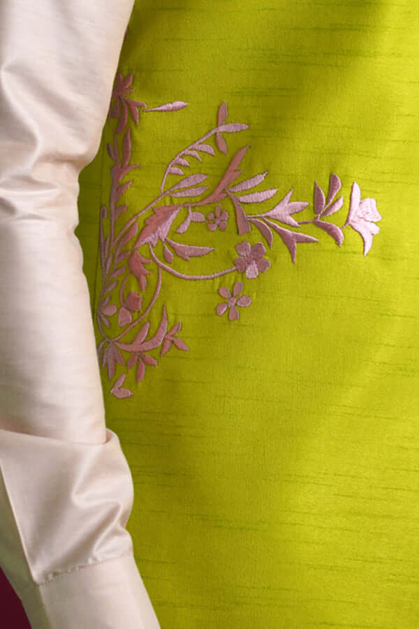 Acid Green Resham Embroidered Waistcoat Kurta (3-Piece) - Image 3