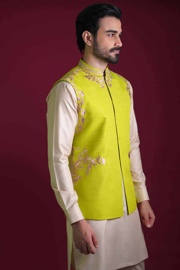 Acid Green Resham Embroidered Waistcoat Kurta (3-Piece) - Image 4