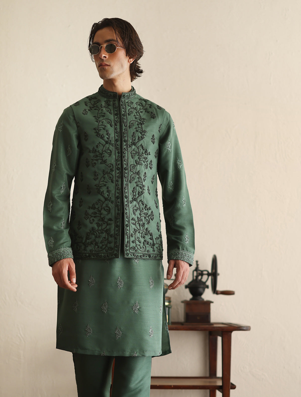 Medium Green Hand-Embroidered Silk-Blend Waistcoat Kurta (3-Piece) - Image 1