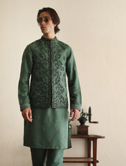 Medium Green Hand-Embroidered Silk-Blend Waistcoat Kurta (3-Piece) - Image 2