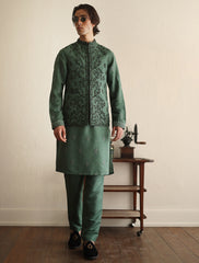 Medium Green Hand-Embroidered Silk-Blend Waistcoat Kurta (3-Piece) - Image 3