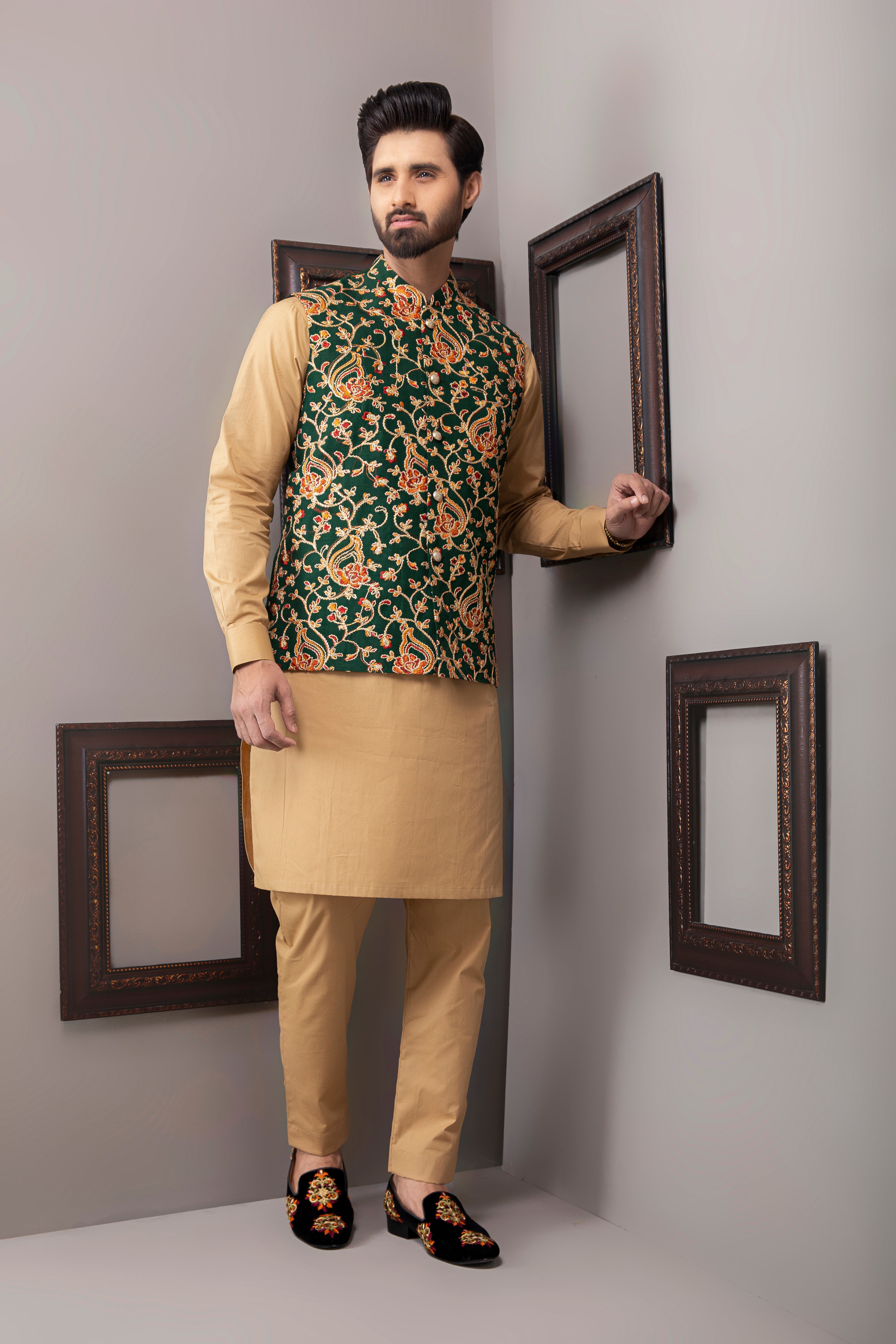 Royal Green Zari Embroidered Silk-Blend Waistcoat (3-Piece) - Image 1